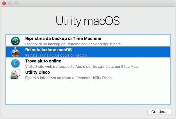 Per aprire Terminale e rimuovere Safari, riavvia il Mac e tieni premuti subito i tasti Comando e R. Si aprirà il menu Utility, da cui puoi selezionare Terminale.