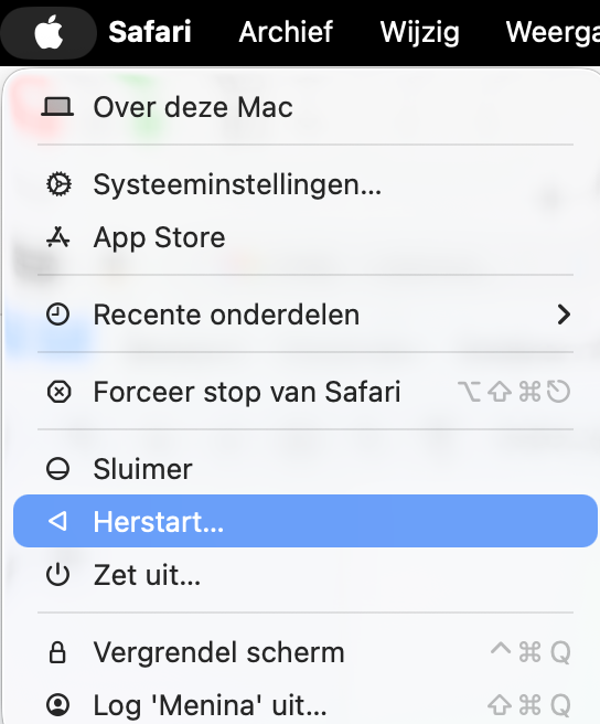Om je Mac opnieuw op te starten om haperende of vastlopende apps te verhelpen, klik je op het Apple-symbool en kies je Herstart.
