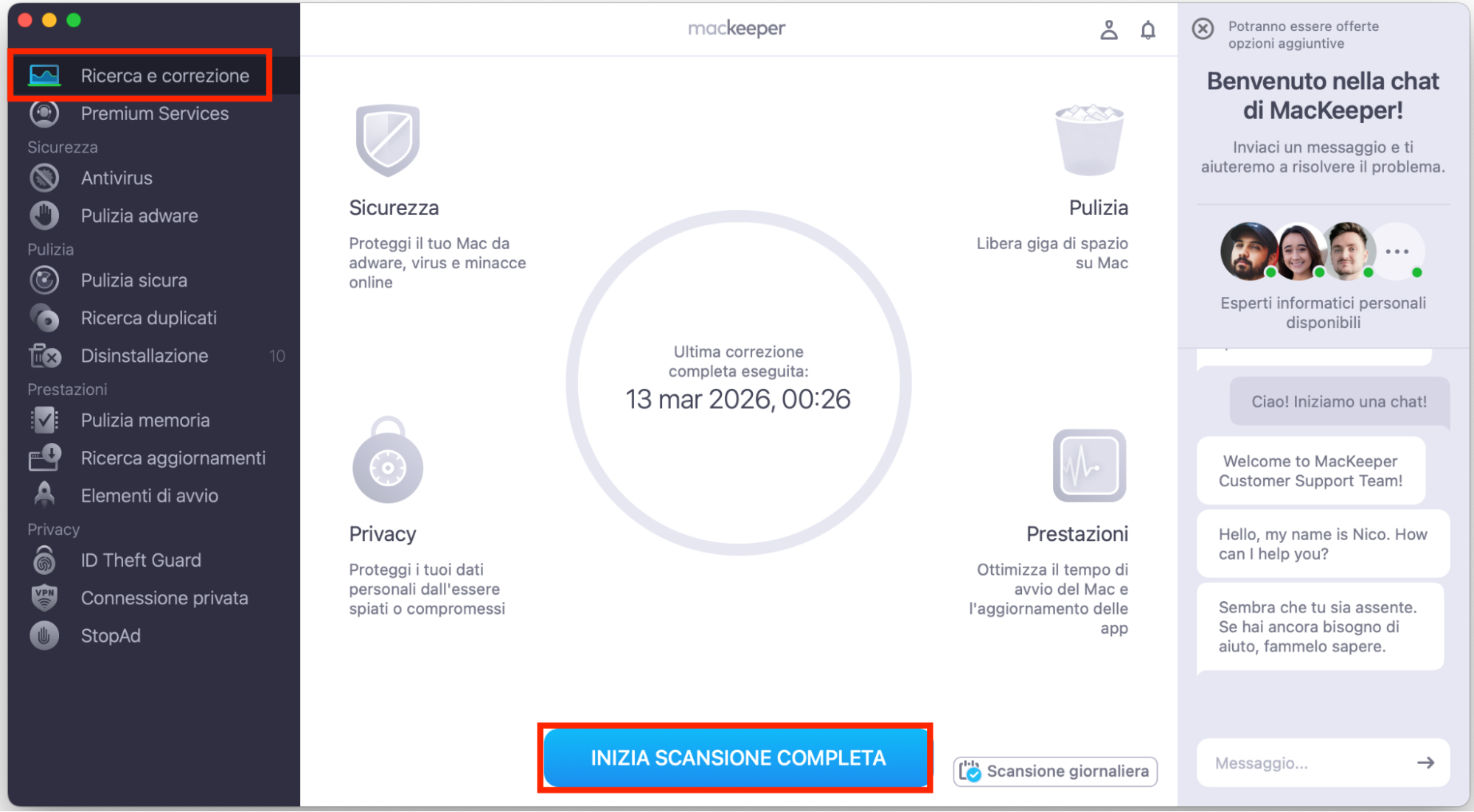 Apri MacKeeper e seleziona Ricerca e correzione. Una volta fatto, puoi fare clic su Inizia scansione completa per iniziare a cercare eventuali problemi sul dispositivo.