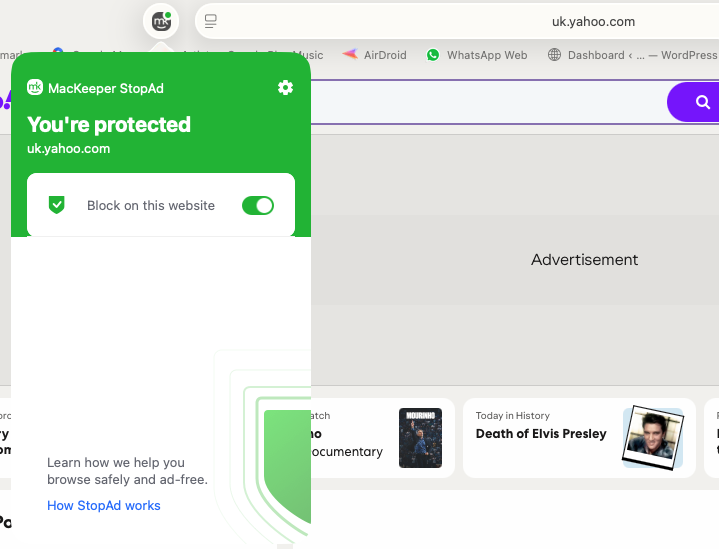Once you've installed MacKeeper's StopAd, go into to Safari and click the StopAd icon. You should see You're protected. You can also turn off StopAd from here, if you want to disable ad blocking on a particular site.