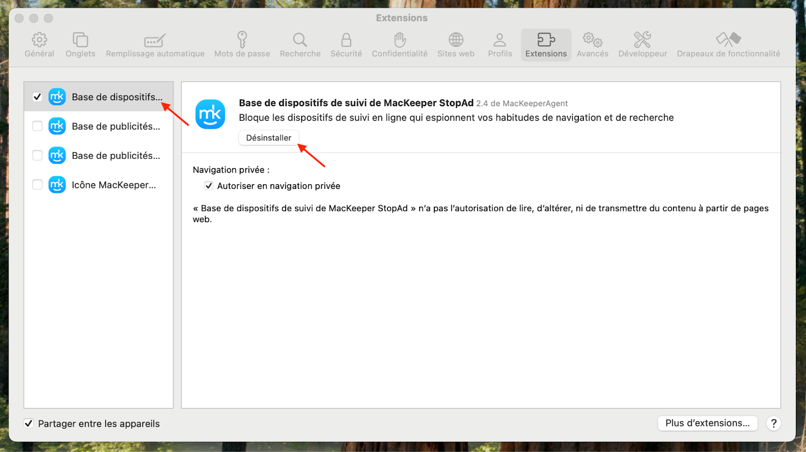 L'onglet Extensions se trouve dans la fenêtre des Réglages de Safari sur macOS Monterey. Cliquez sur l'extension que vous souhaitez retirer, puis cliquez sur Désinstaller.