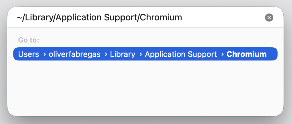 The Go to Folder window in Finder on macOS with the Library Application Support Chromium path typed in before pressing Enter to open it.