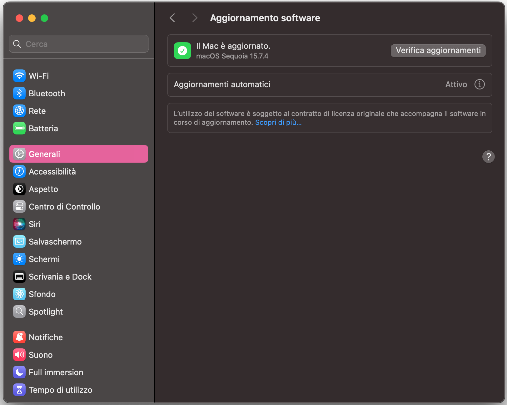 L’app Impostazioni sul Mac mostra la schermata Aggiornamento Software. Se è disponibile un aggiornamento, fai clic su Aggiorna ora o Riavvia ora per installarlo.