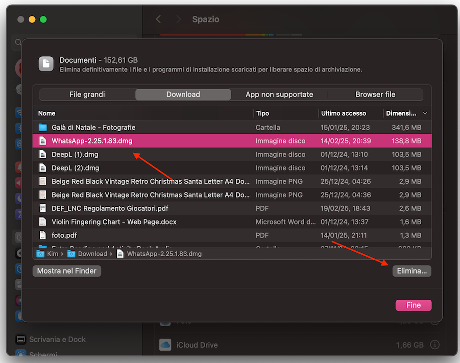 Il menu Spazio nelle Impostazioni di Sistema su Mac mostra lo strumento per eliminare i Documenti indesiderati. Seleziona un documento da rimuovere, poi clicca su Elimina.