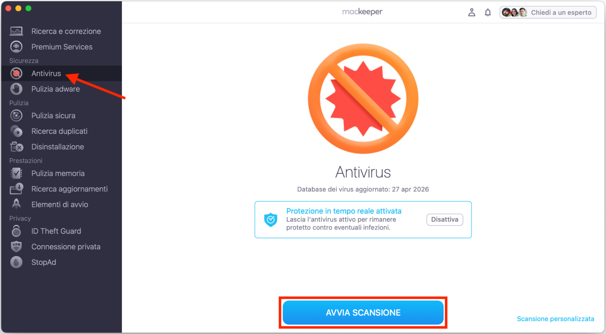  Lo strumento Antivirus in MacKeeper per Mac. Clicca Avvia Antivirus per rimuovere ogni traccia di malware dal tuo computer.