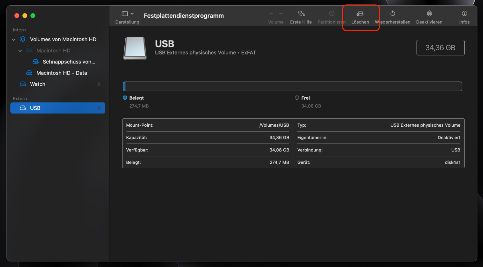 Öffnen Sie das Festplattendienstprogramm von macOS und wählen Sie Ihr USB-Laufwerk aus dem Menü auf der linken Seite aus. Öffnen Sie den Abschnitt Löschen des Tools.