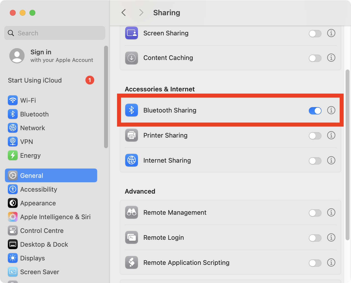 Next, go to the General > Sharing section of your System Settings. Scroll down until you see 'Accessories & Internet'. Below that, click the switch on 'Bluetooth Sharing' to enable it.