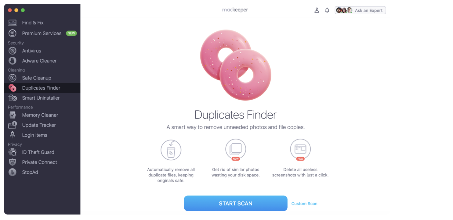 To start the scan on your device and find your computer's duplicates, you'll first need to navigate to Cleaning > Duplicates Finder. Then, click on Start Scan.