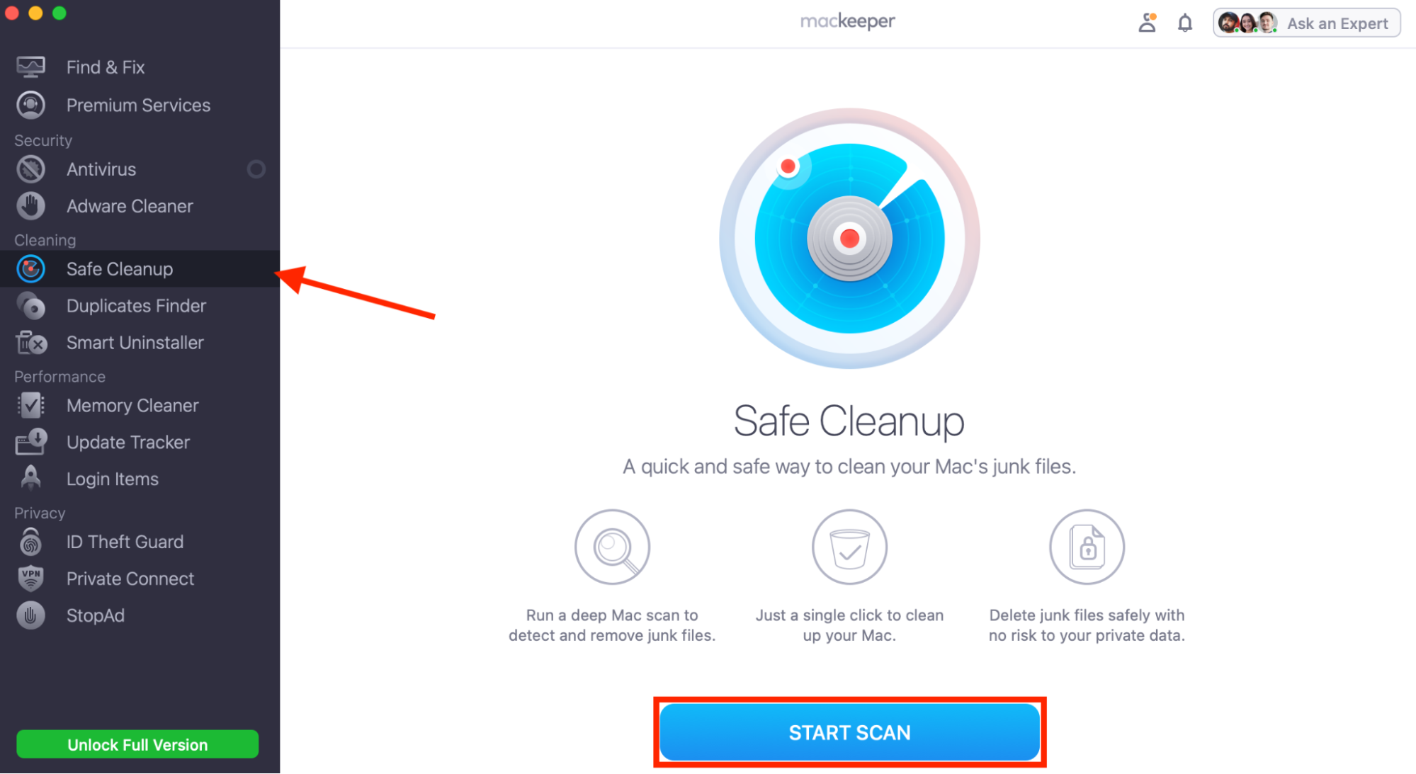The Safe Cleanup utility in MacKeeper on Mac. If you need to clear space to install the macOS Sonoma update, click Start Scan to find all junk on your Mac that can be removed.