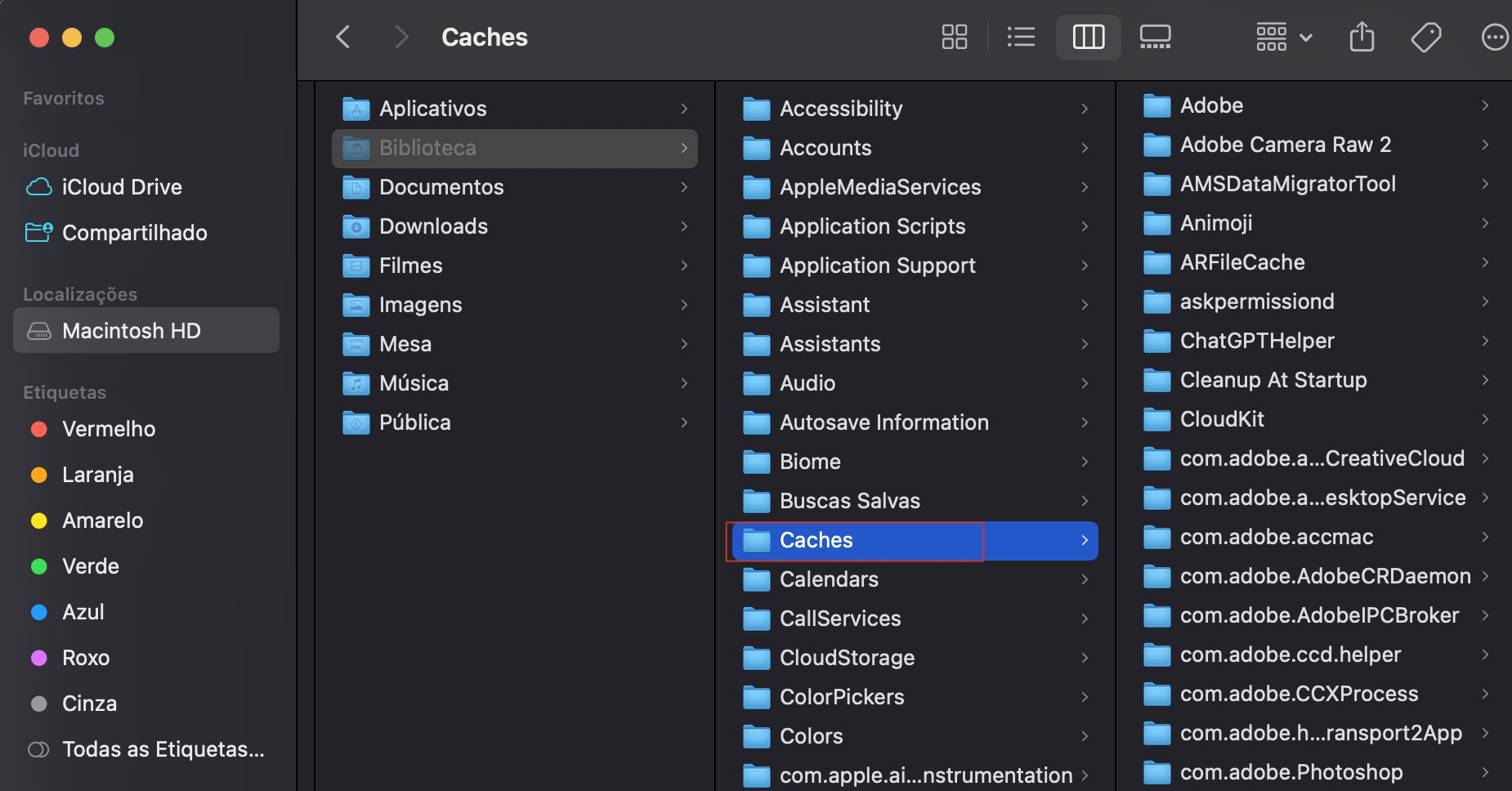 Na pasta Biblioteca, você encontrará a pasta Caches separada, abra-a e exclua os arquivos específicos ou todos os disponíveis, movendo-os para o Lixo.