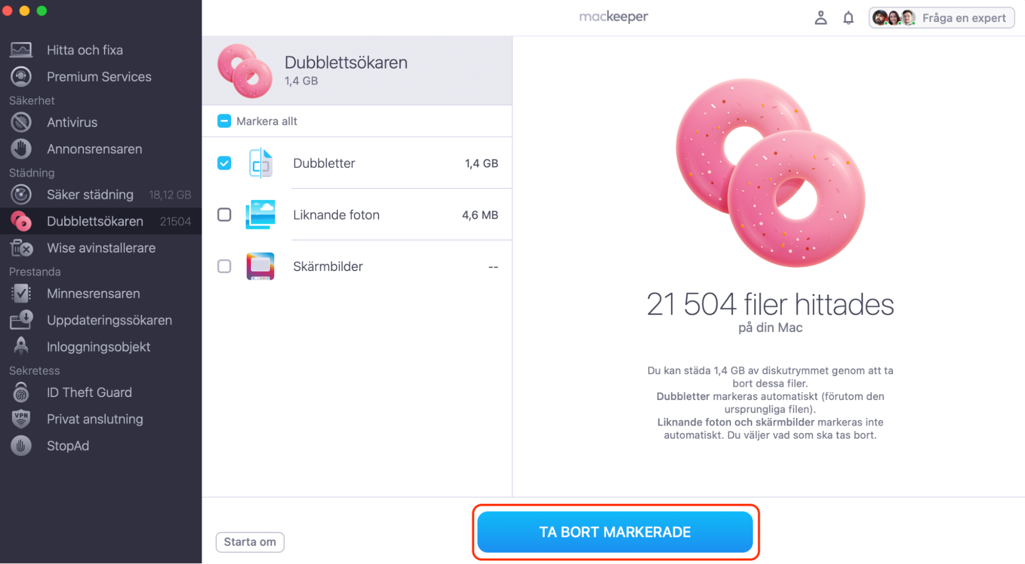 Dublettsökaren i MacKeeper för Mac. För att frigöra diskutrymme på din dator, välj de kopior du vill ta bort och klicka sedan på Ta bort markerade.