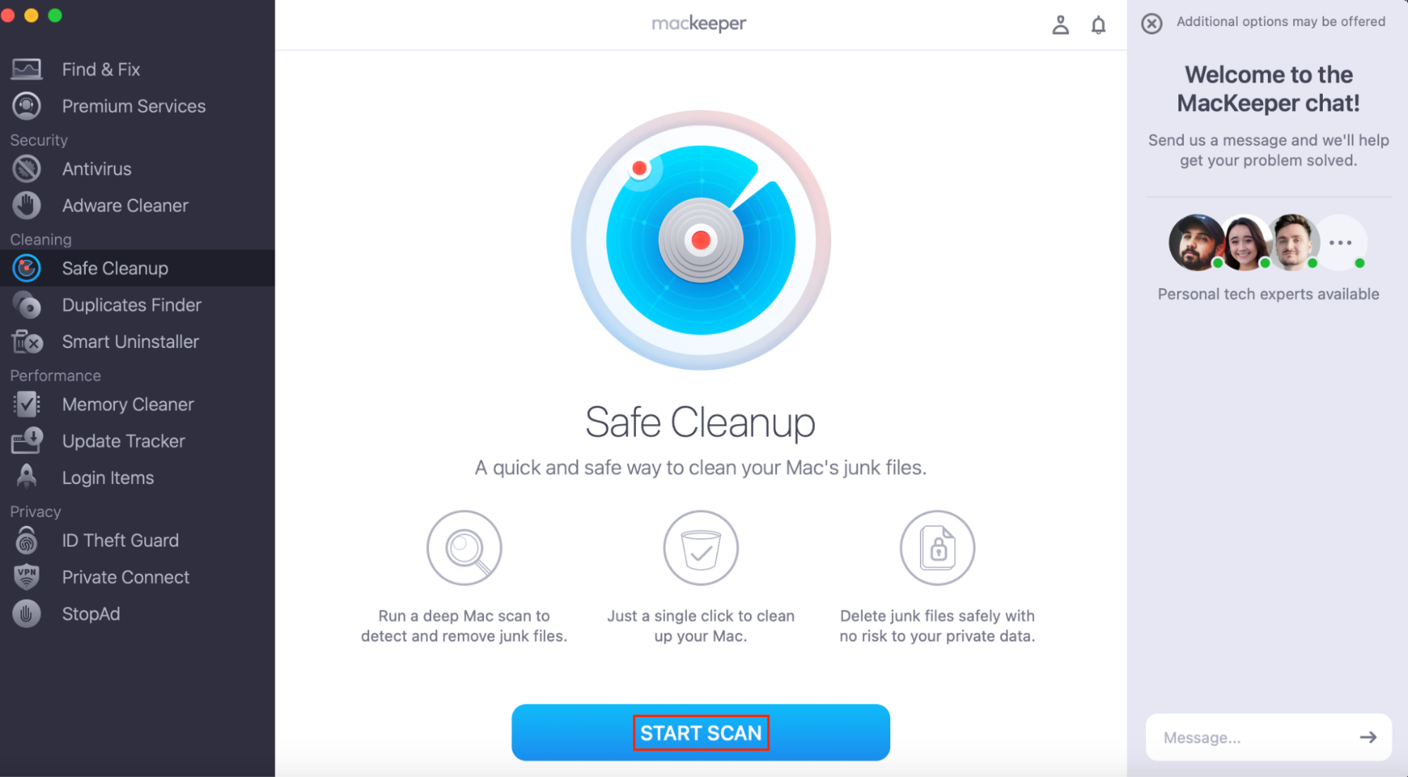You'll probably find that 256GB is enough for MacBook if you clean junk files. To do that, in MacKeeper's Safe Cleanup, click Start Scan.