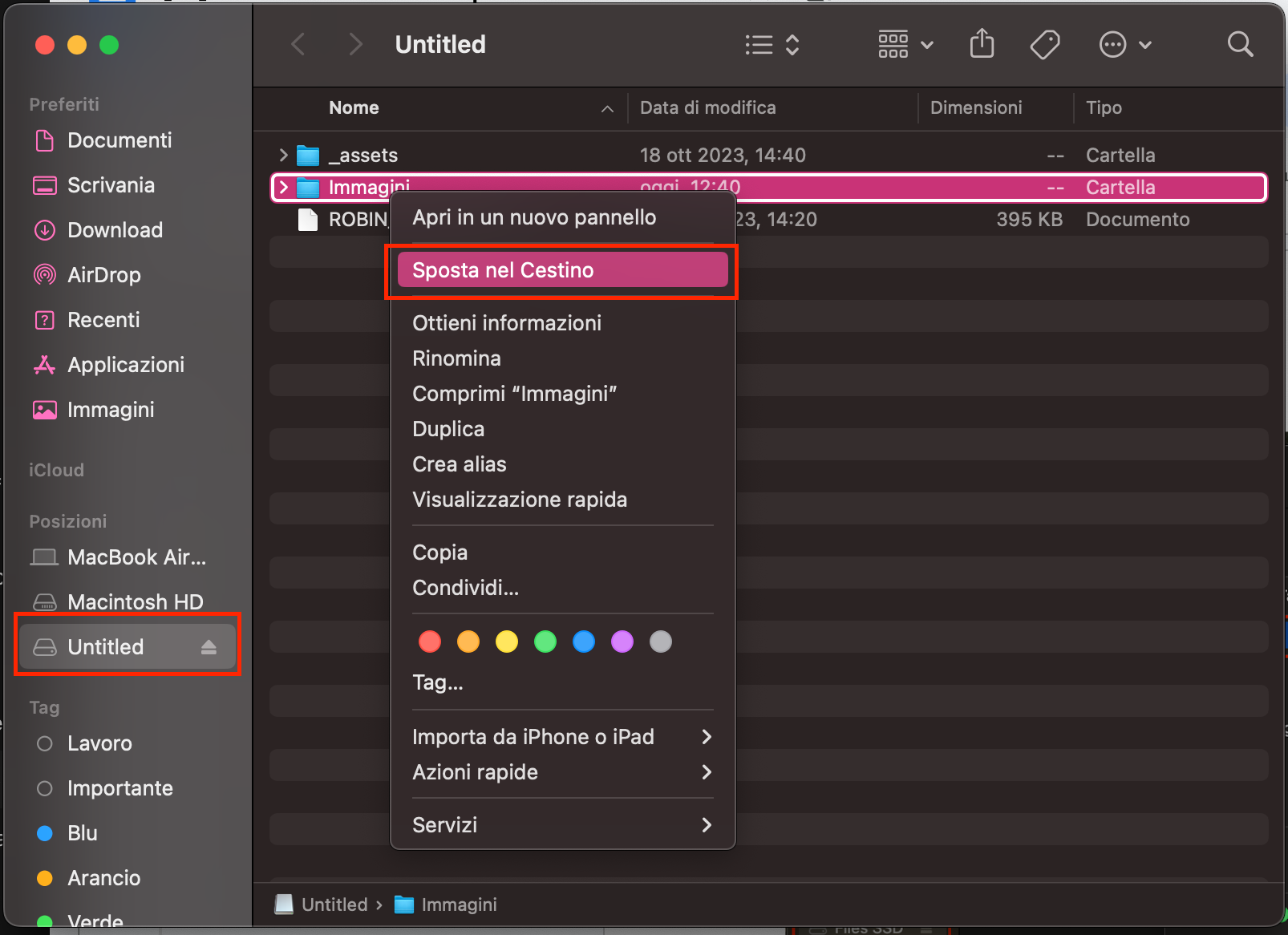 Per eliminare le foto da un disco esterno su Mac, apri il Finder e seleziona l’unità dal menu laterale. Individua la cartella contenente le immagini, fai clic destro su di essa e scegli Sposta nel Cestino.