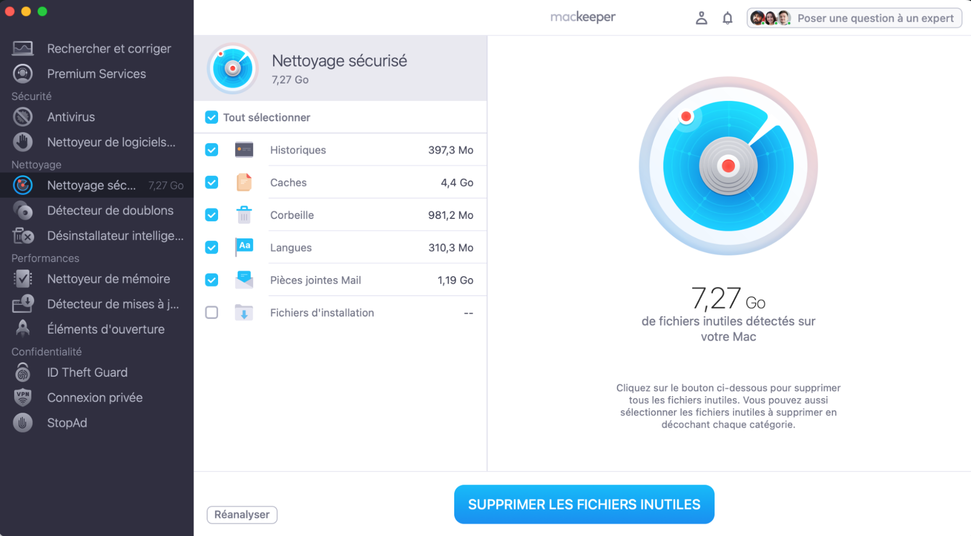 Consultez la liste des fichiers que l’outil Nettoyage sécurisé de MacKeeper a l’intention de supprimer. Cochez les cases à côté des fichiers que vous voulez supprimer et cliquez sur Supprimer les fichiers inutiles.