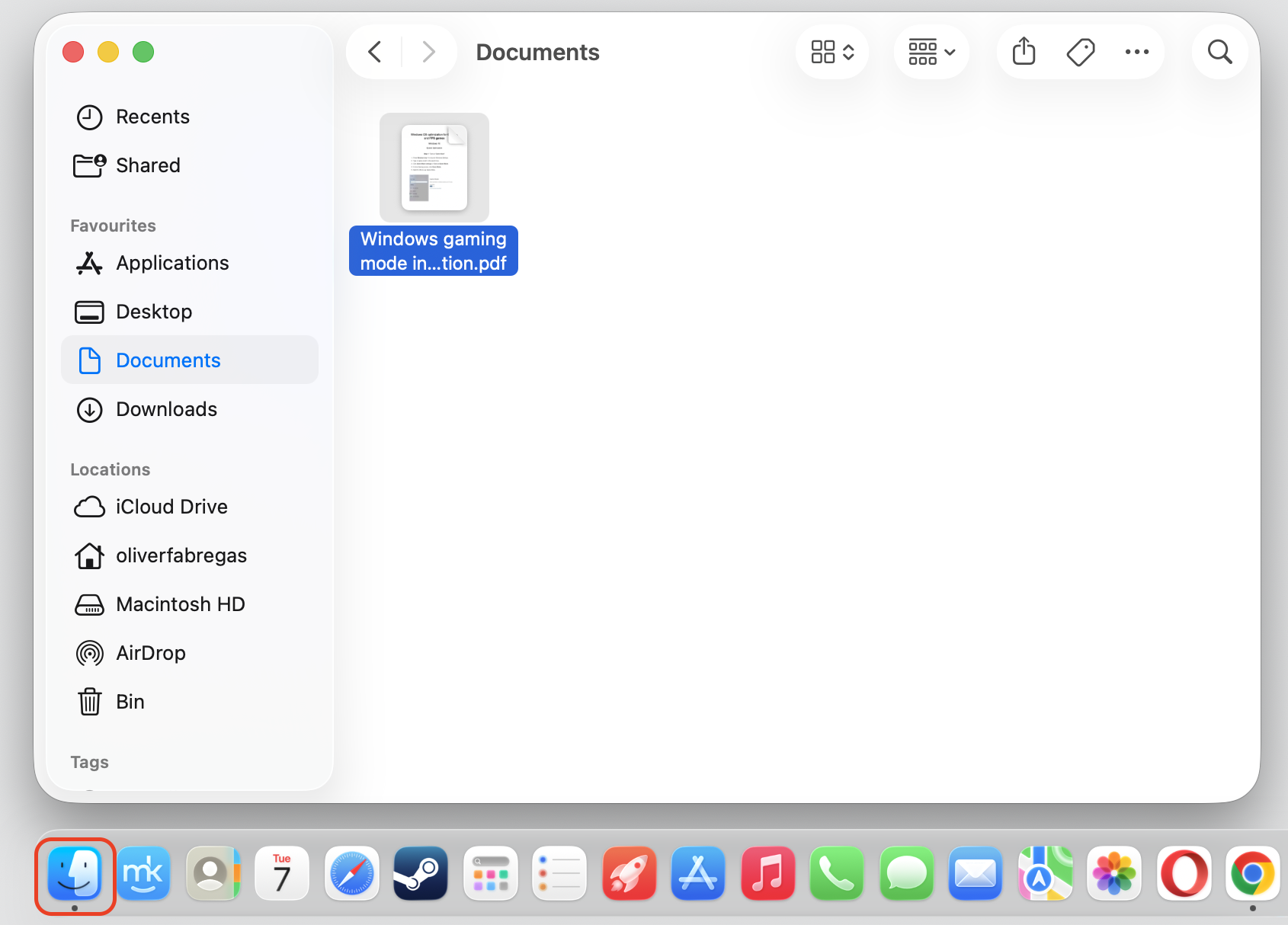 Finder Documents window on macOS with a PDF file selected and the Finder Dock icon highlighted before opening Get Info permissions.
