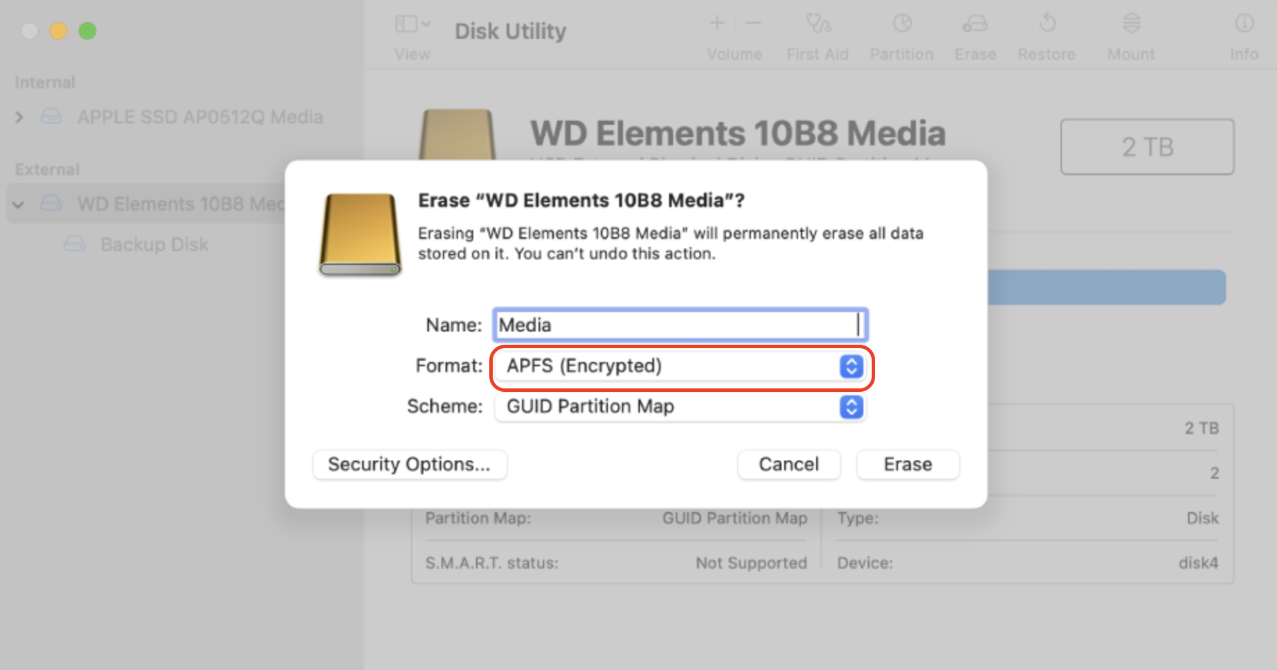 Disk Utility is opened on a Mac. Type a volume name and go to Format > APFS > Erase Volume Group to reset your Mac via Recovery Mode.