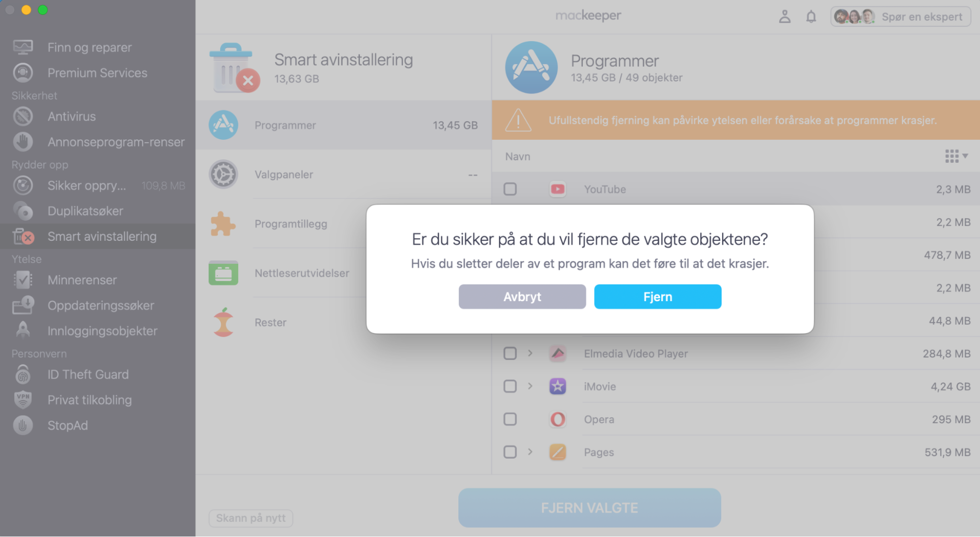 Avinstaller programmer fra fanen Programmer med funksjonen Smart avinstallering i MacKeeper.