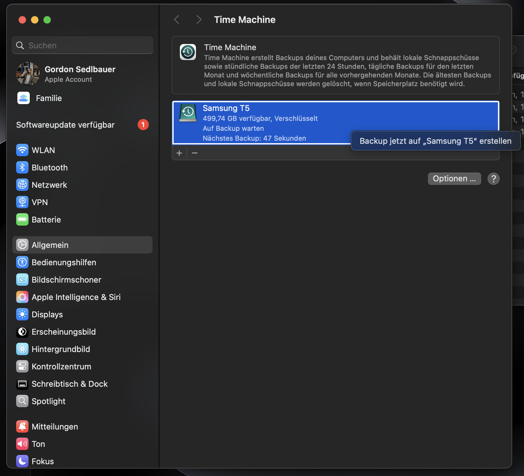 Sie können eine macOS-Sicherung jederzeit manuell über die Time Machine-Einstellungen in den Systemeinstellungen starten. Sie können eine macOS-Sicherung jederzeit manuell über die Time Machine-Einstellungen in den Systemeinstellungen starten.