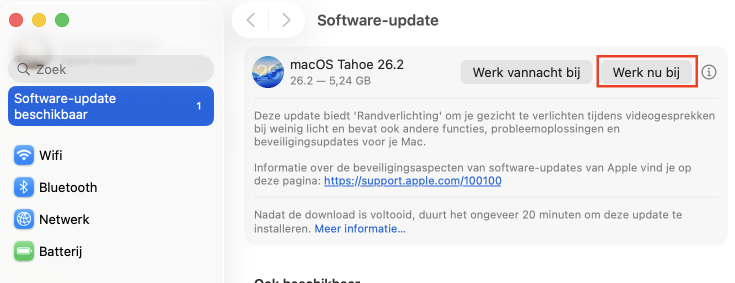 Werk macOS bij om problemen met je Apple-muis op te lossen. Ga naar het Apple-menu, klik op Over deze Mac, ga naar het tabblad Overzicht en klik op Software-update. Je Mac zoekt nu automatisch naar beschikbare updates.
