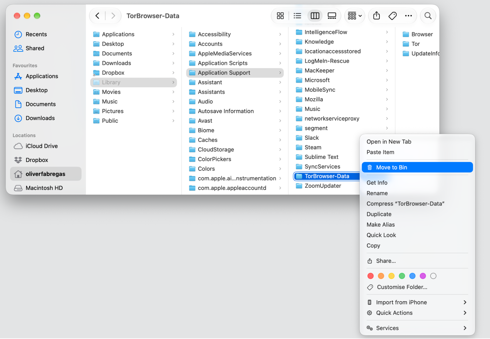 macOS Application Support folder with the TorBrowser-Data folder right-clicked and Move to Bin highlighted to delete Tor Browser leftovers. macOS Application Support folder with the TorBrowser-Data folder right-clicked and Move to Bin highlighted to delete Tor Browser leftovers.