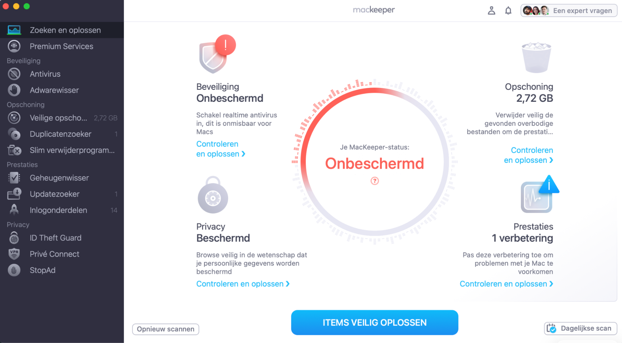 Bekijk als de scan klaar is de aanbevolen verbeteringen en klik op Problemen veilig oplossen. Je kunt ook problemen een voor een kiezen, het rapport van de app bekijken en ze vervolgens oplossen.