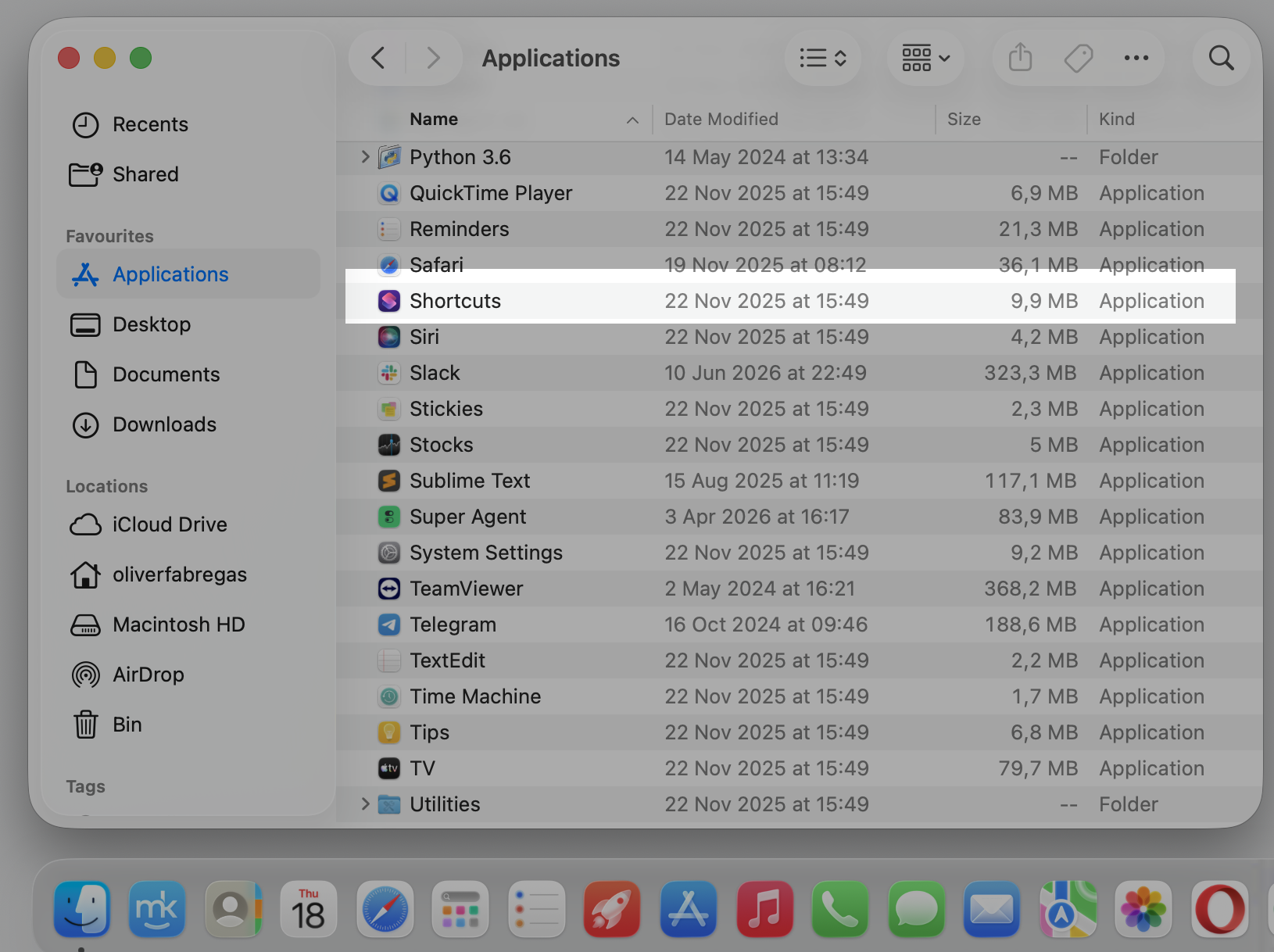 Opening the Shortcuts app from the Applications folder on macOS to review automations linked to backgroundshortcutrunner high CPU usage.