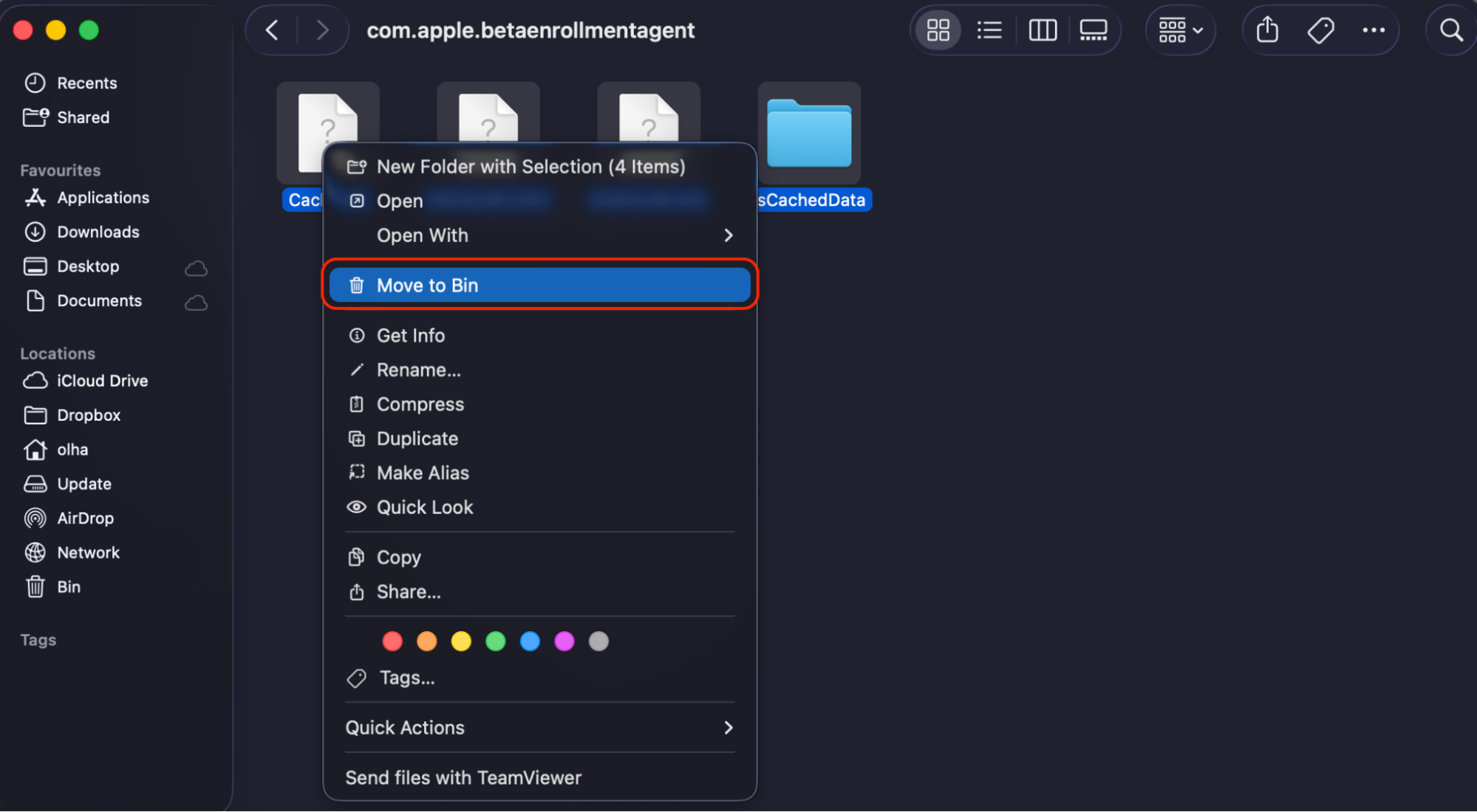 A macOS Finder window shows the contents of the com.apple.MetalShaderCache folder selected for removal.