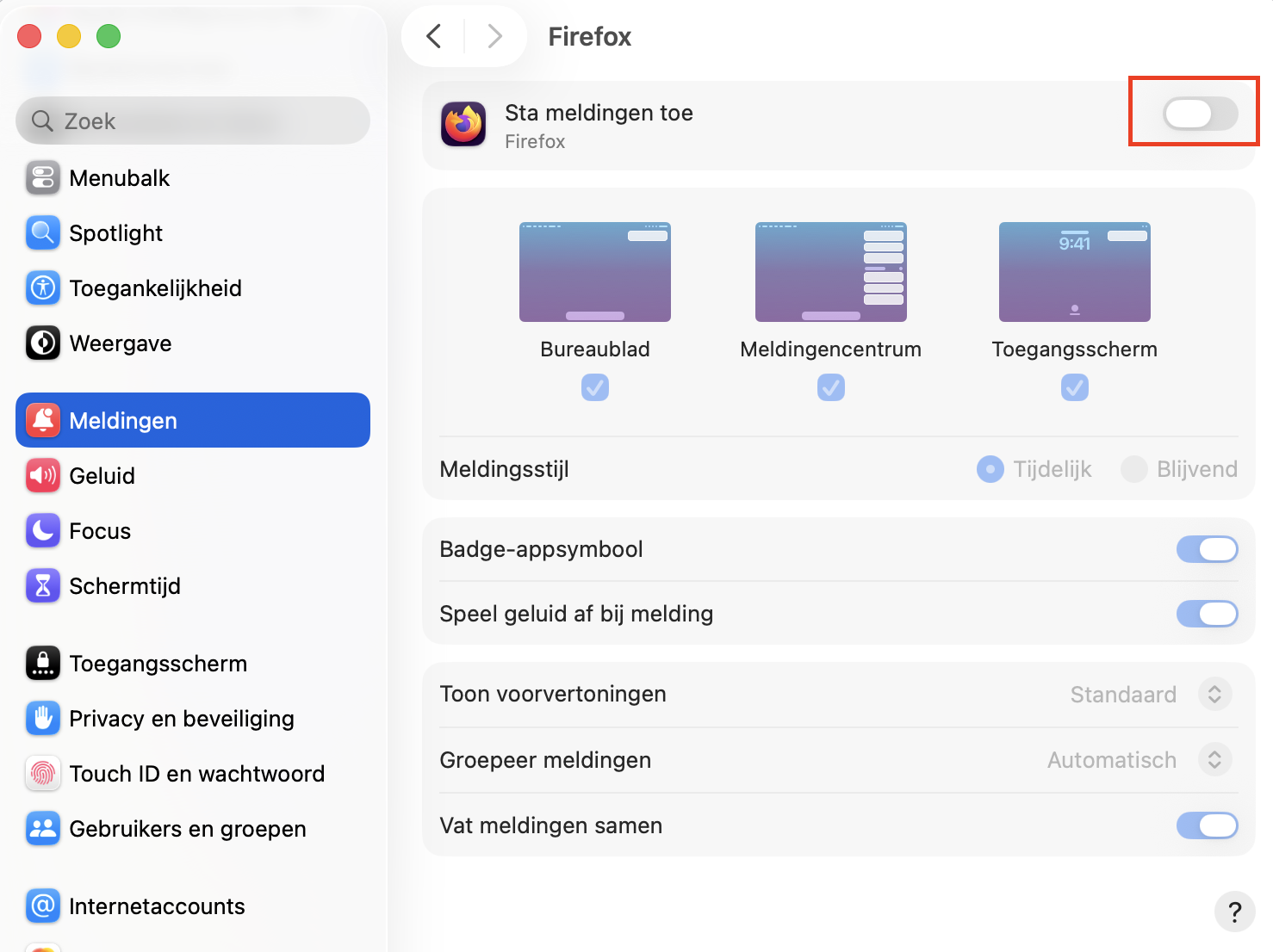 De meldingsinstellingen van Apple zijn met de opties voor Firefox zichtbaar. Dit maakt deel uit van de veelgestelde vragen over nep McAfee pop ups op een Mac en laat zien hoe je McAfee meldingen uitschakelt.