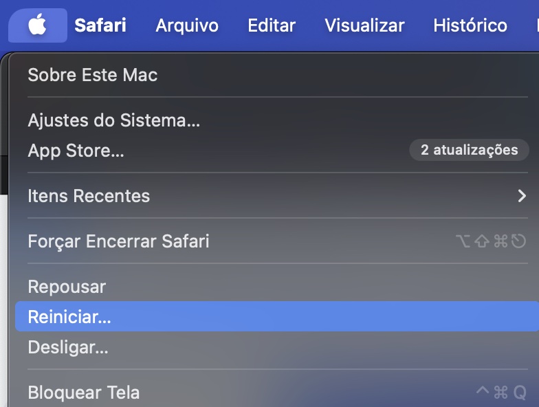 Para reiniciar seu Mac, clique no ícone da Apple e selecione ‘Reiniciar’.