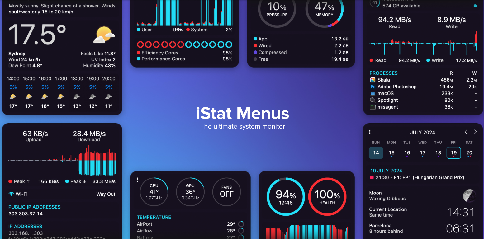 iStat Menus monitoring software dropdowns on an Apple device, showing real-time CPU, memory, network, disk, and temperature stats in the Mac menu bar.