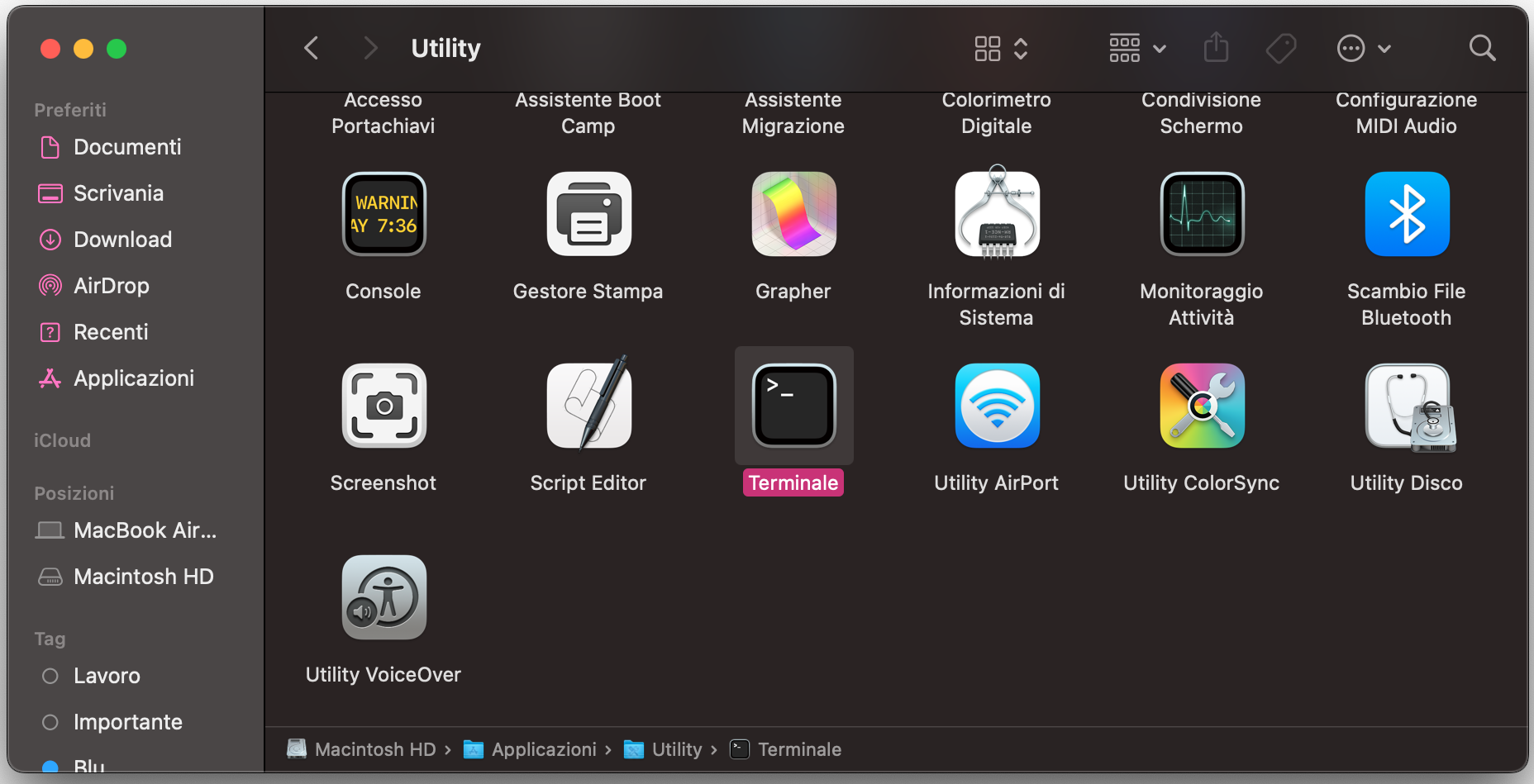 Apri Terminale dalla cartella Applicazioni
