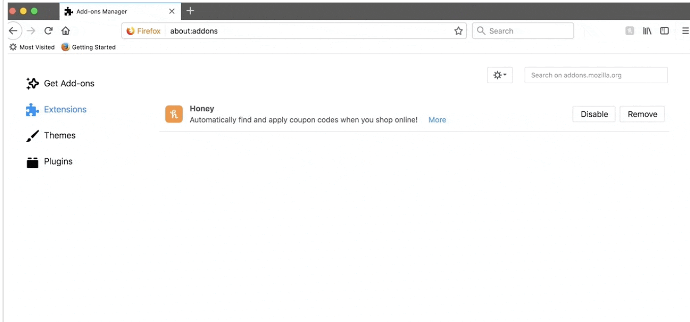 To get rid of Honey, open Firefox and click on Tools. Navigate down to Add-ons and next to the Honey extension, press Remove. To get rid of Honey, open Firefox and click on Tools. Navigate down to Add-ons and next to the Honey extension, press Remove.