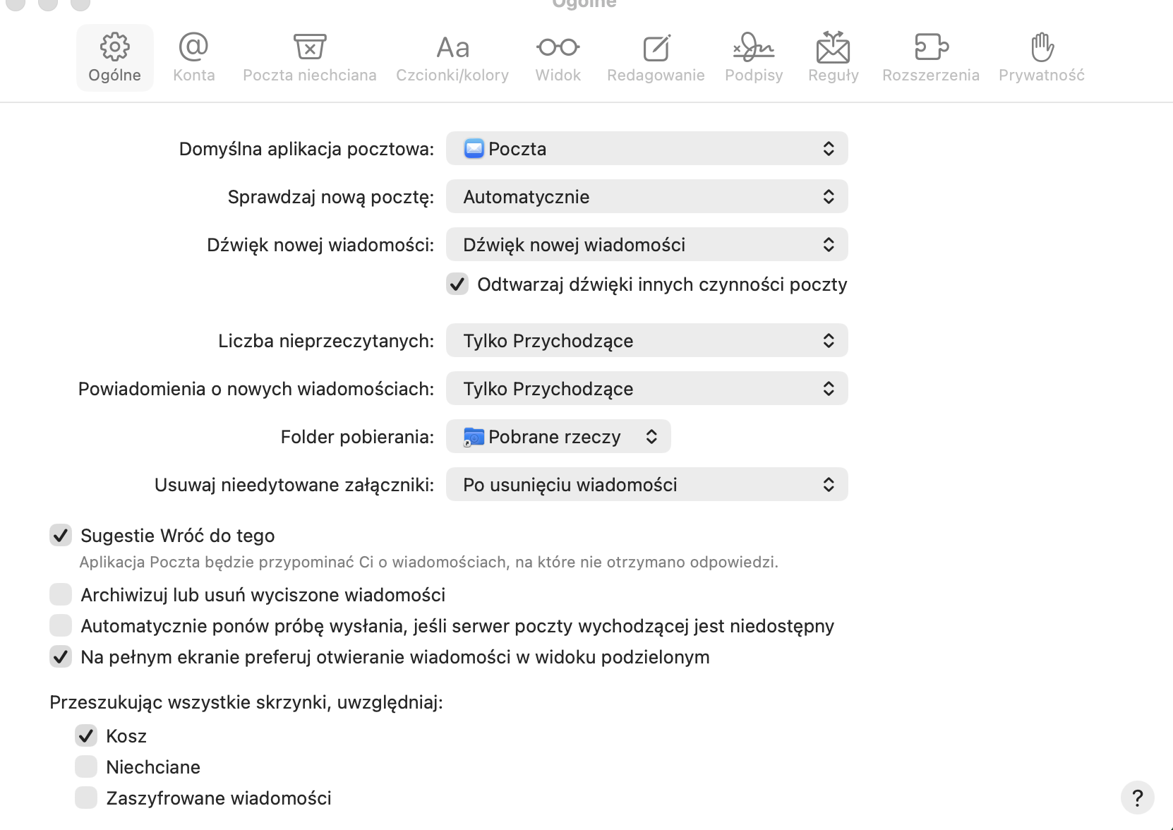 Wybierz opcję Po usunięciu wiadomości, aby usunąć załączniki poczty i spam w zakładce Ogólne w ustawieniach aplikacji Mail.