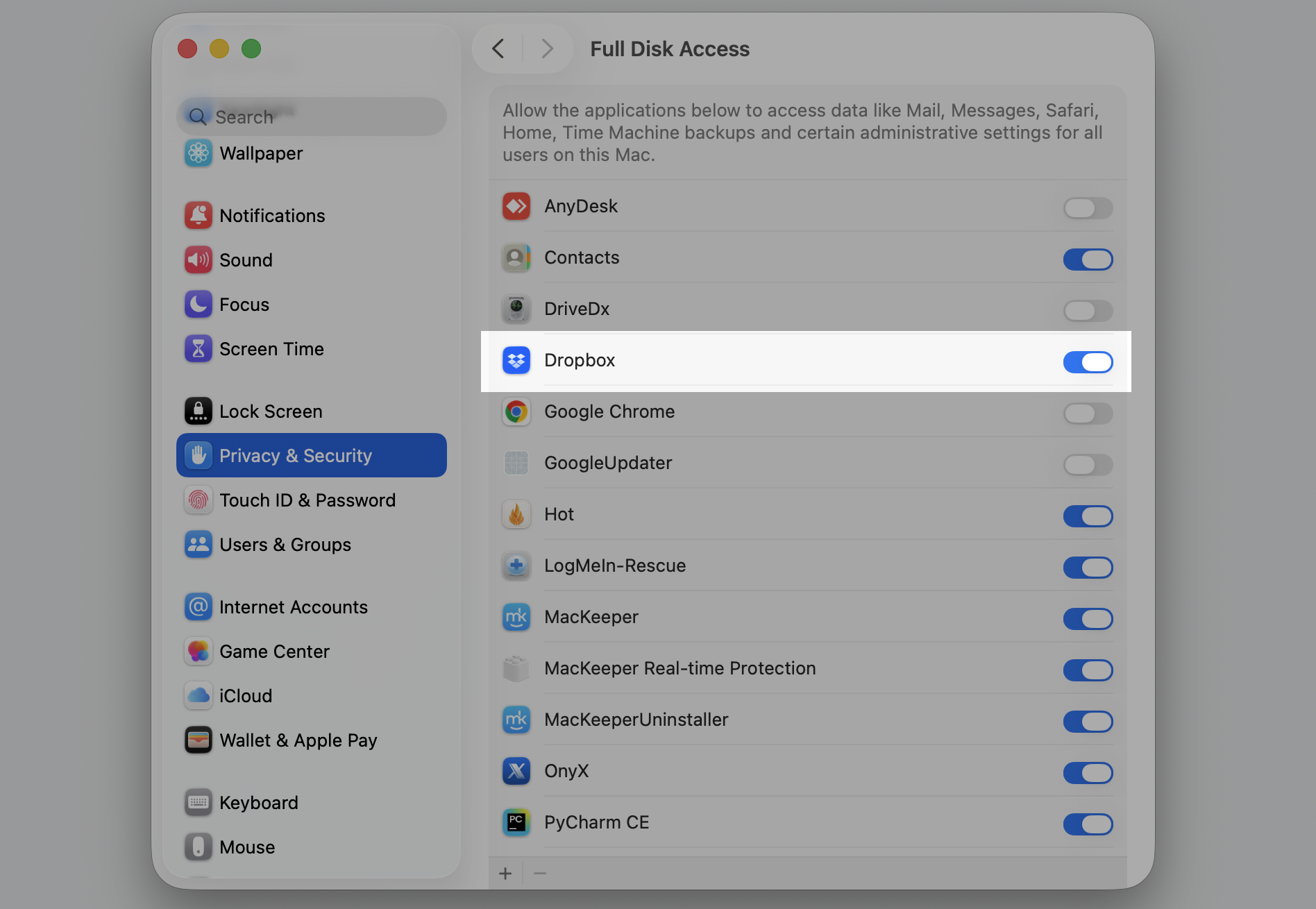 The Full Disk Access pane in macOS Privacy & Security with the Dropbox toggle turned on so it can sync files and show its icon.