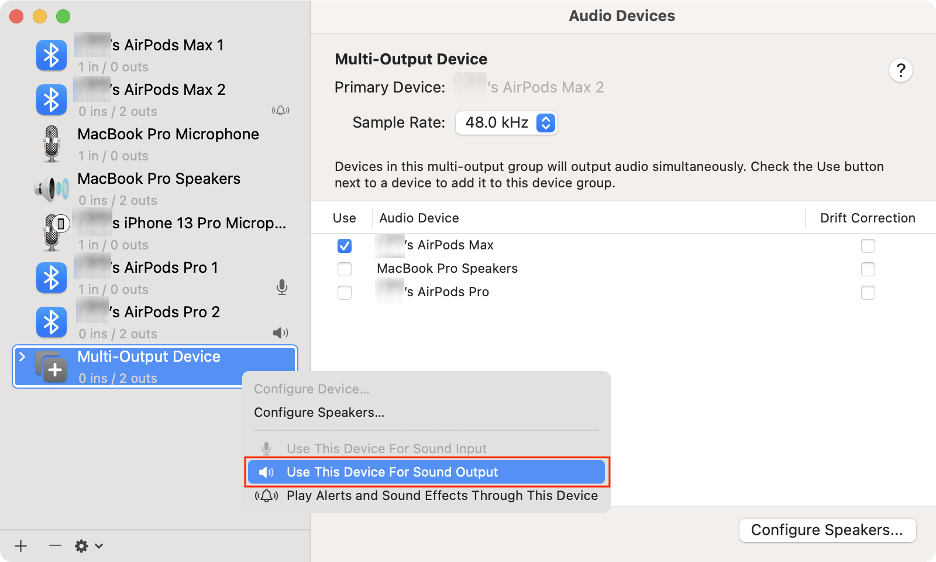  To connect two AirPods to the same Mac device, check the boxes next to the multiple sets of headphones you want to use.