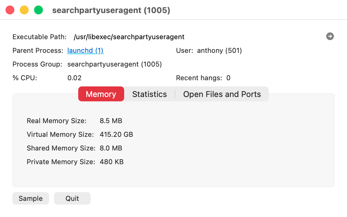Find and then double-click searchpartyuseragent in Activity Monitor. A new panel will pop up. Click the 'Quit' button at the bottom.