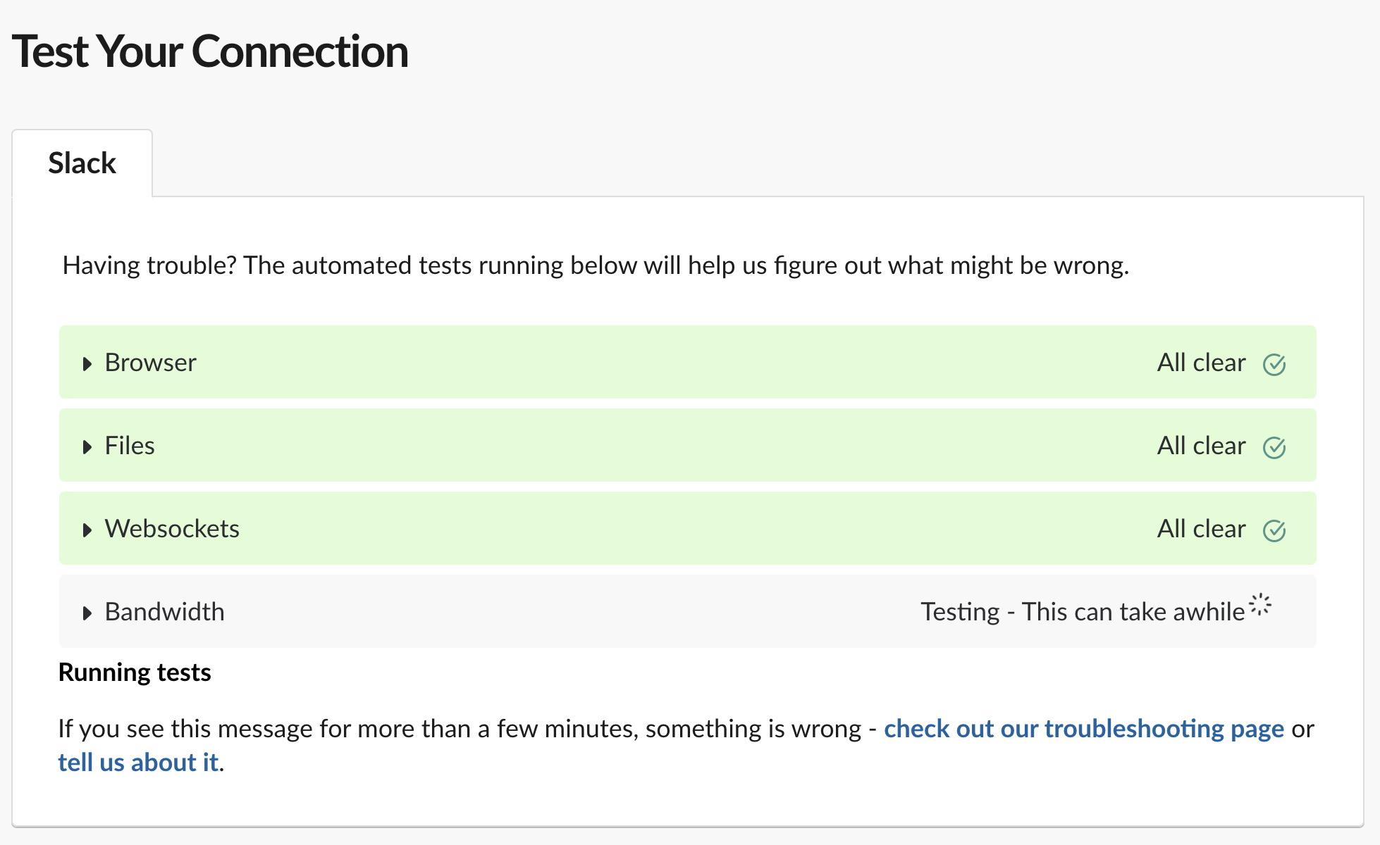 Navigate to the official Slack help test website at slack.com/help/test to identify any remaining login or synchronization errors.