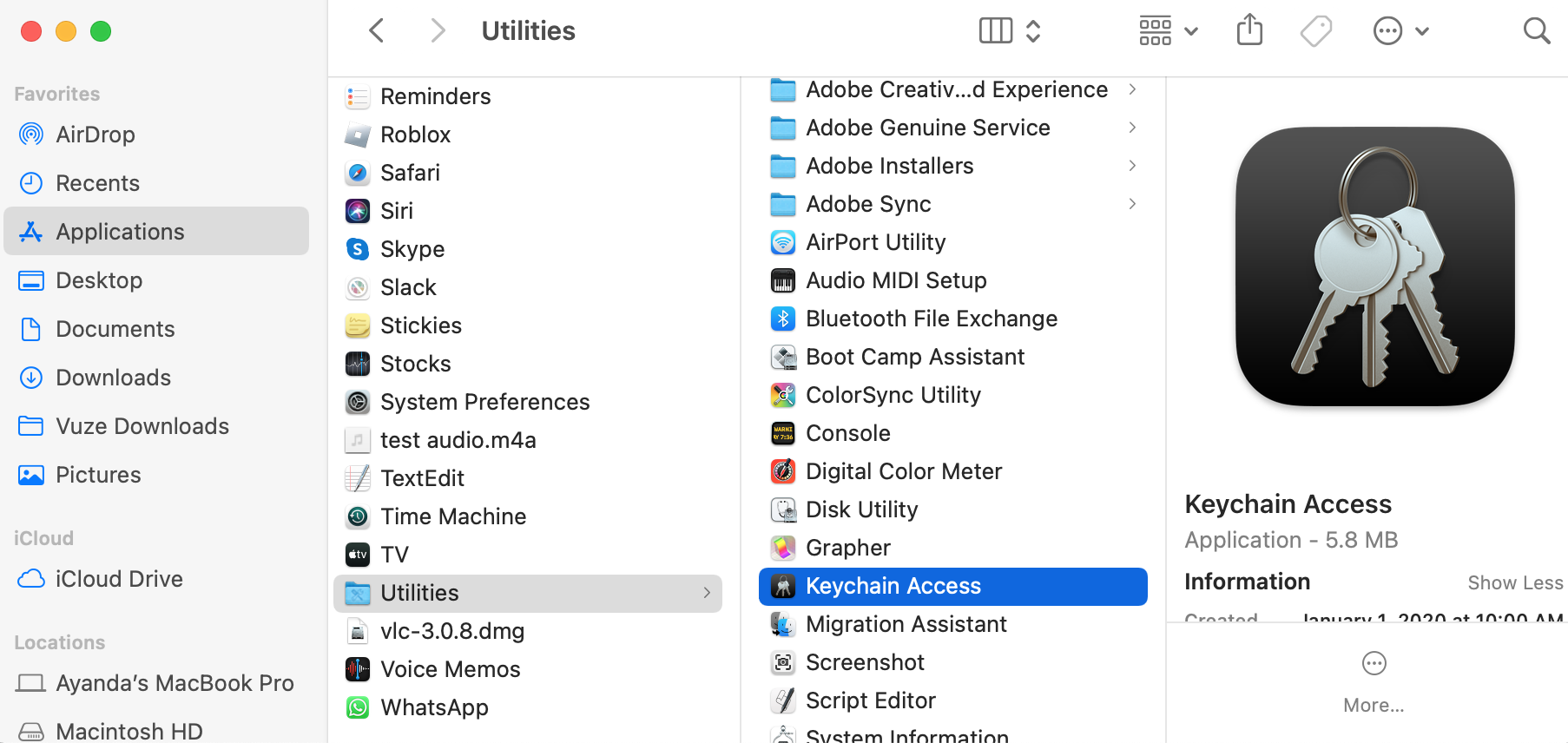 The Keychain Access utility is open in Mac’s Finder. Open Keychain Access to reset it after changing admin password on Mac.