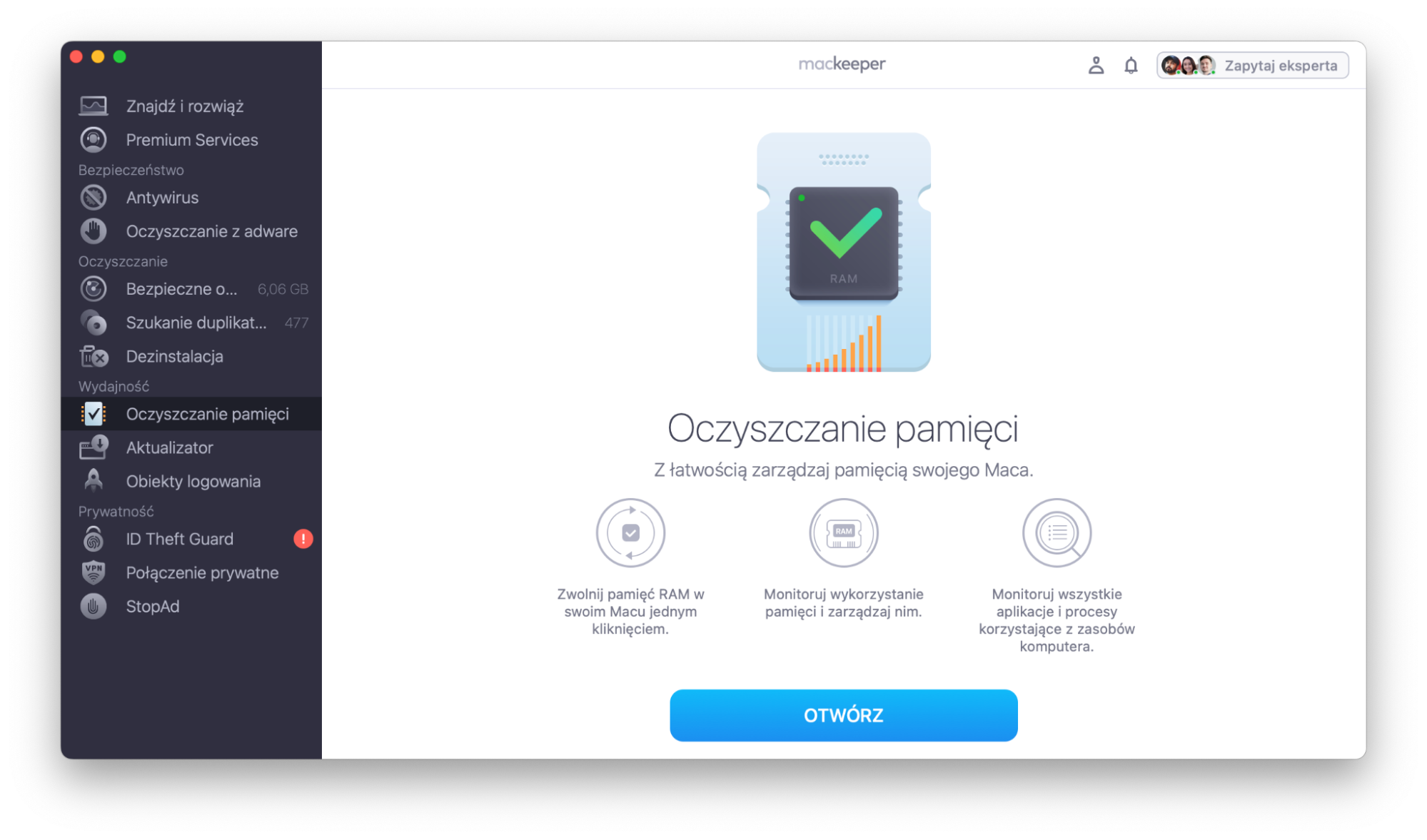Aby utrzymać normalną temperaturę Maca, wyczyść jego pamięć RAM. Zrób to za pomocą Memory Cleaner od MacKeeper. Uruchom MacKeeper, wybierz Oczyszczanie pamięci i kliknij Otwórz.
