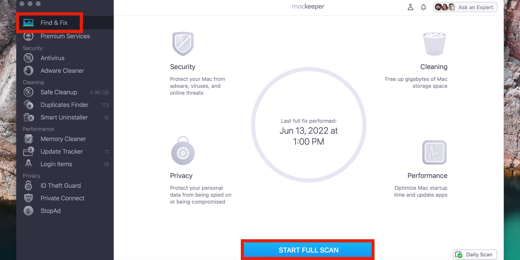 You can restore your Mac's desktop icons using MacKeeper's Find & Fix tool. To do this, open MacKeeper on your Mac and select Find & Fix in the sidebar. Then, click on the big, blue Start Full Scan button at the bottom of the screen.