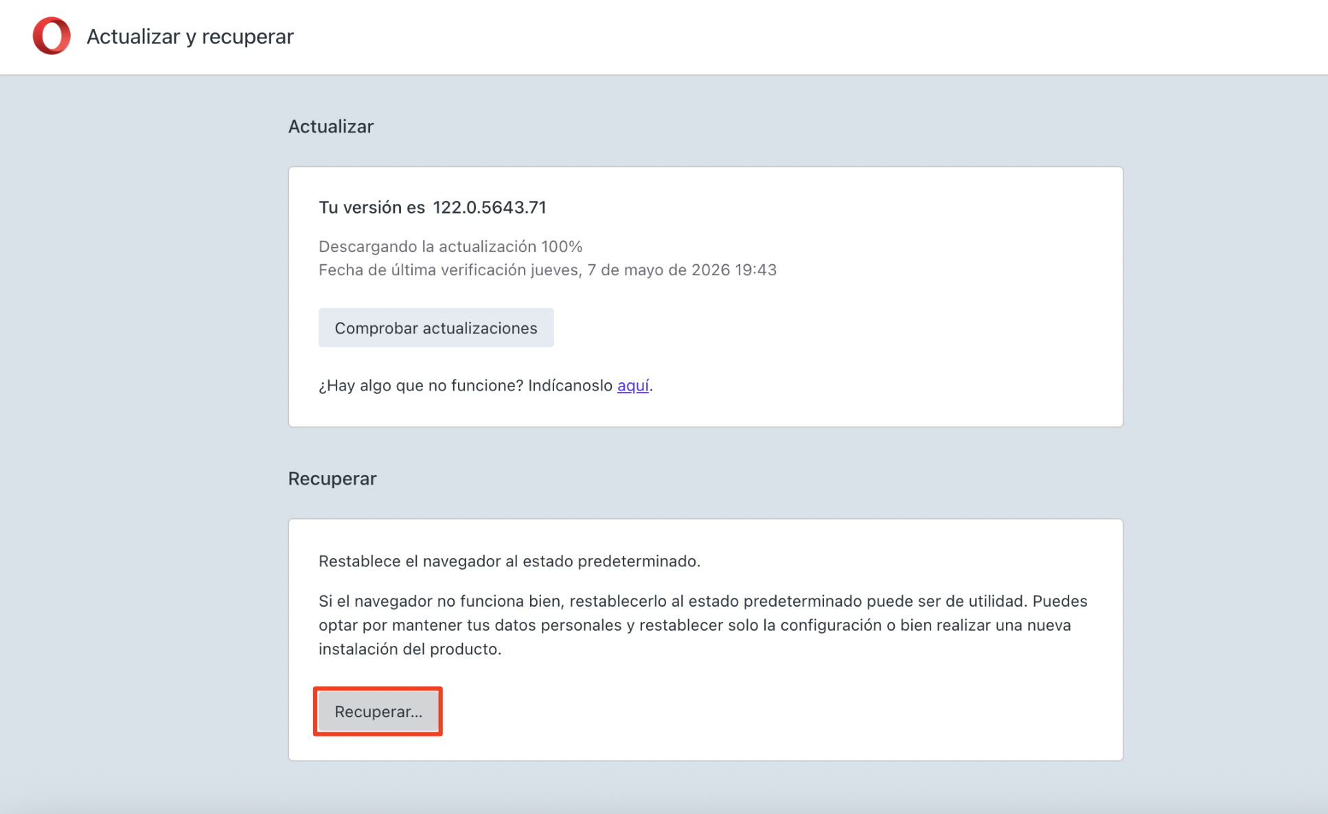 La pantalla de Actualización y recuperación de Opera, con Recuperación > Recuperar resaltado. Cómo restablecer Opera, un paso en una guía sobre cómo eliminar las ventanas emergentes falsas de McAfee en Mac.