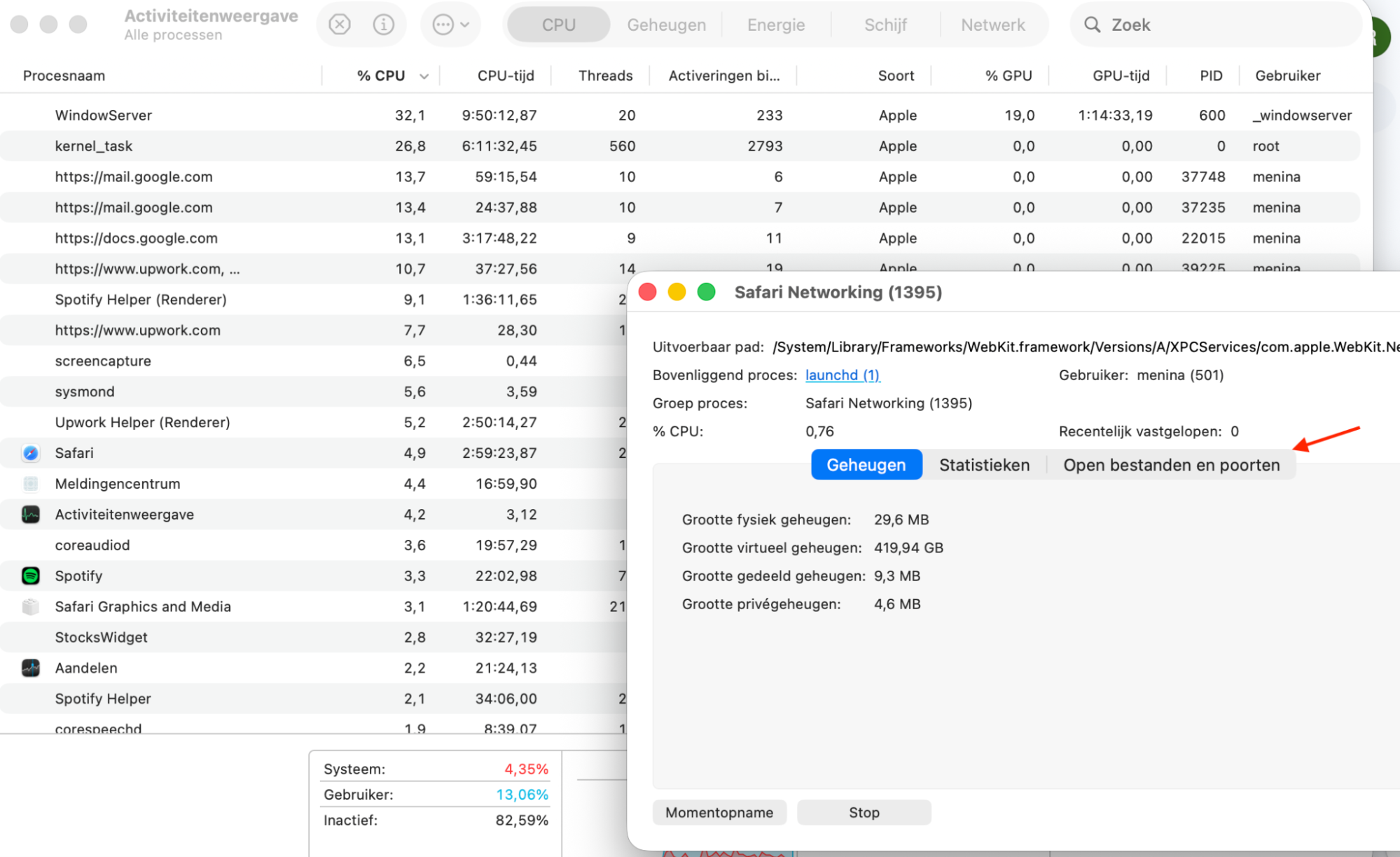 Zodra je ‘Activiteitenweergave’ op je Mac hebt geopend, kun je al je processen bekijken en letten op dubbele of onbekende items. Vind je iets verdachts, klik dan met de rechtermuisknop op het proces en kies ‘Open bestanden en poorten’.
