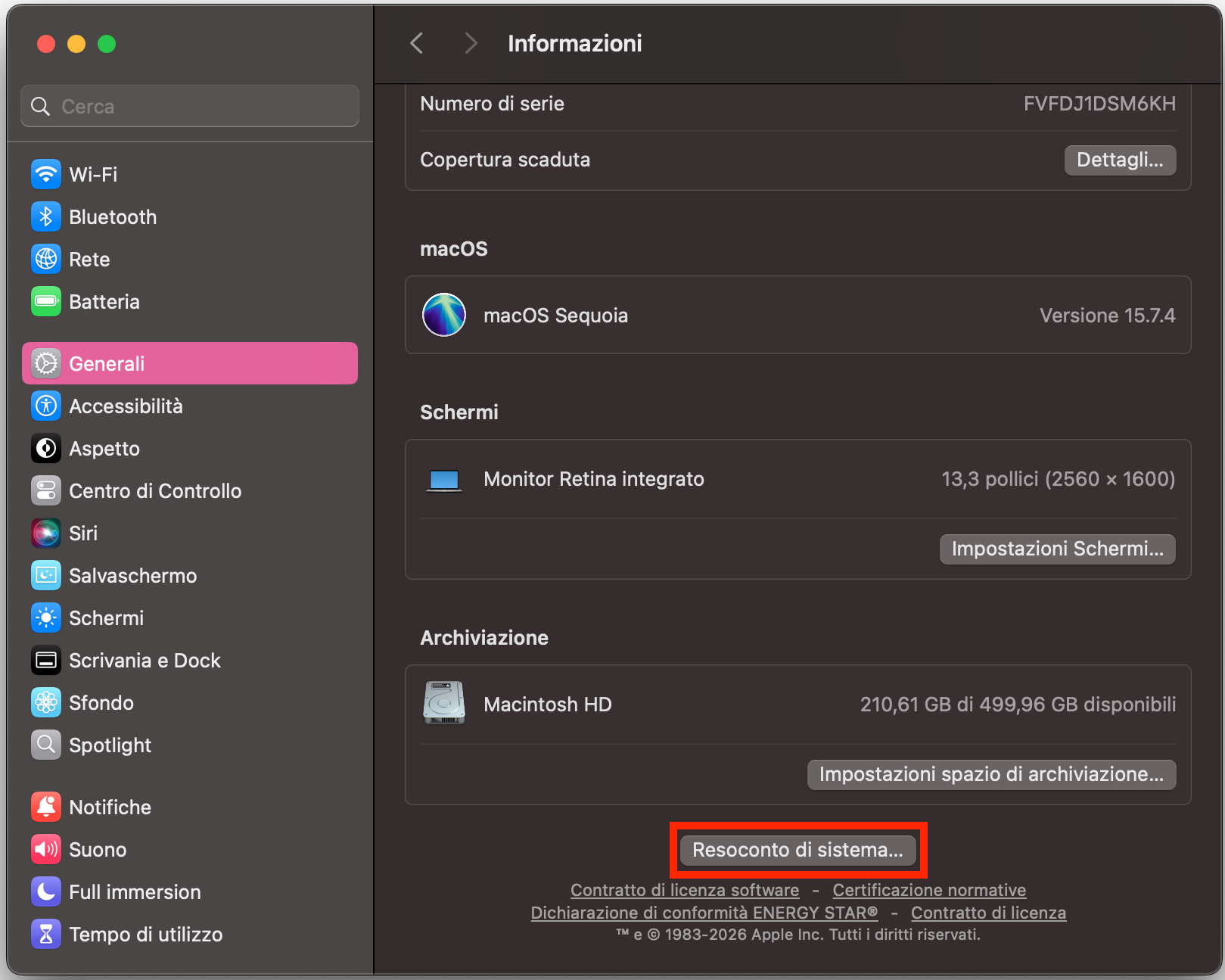 L’app Impostazioni sul Mac mostra il menu Informazioni nella sezione Generali. Fai clic su Resoconto di sistema per saperne di più sul tuo Mac.