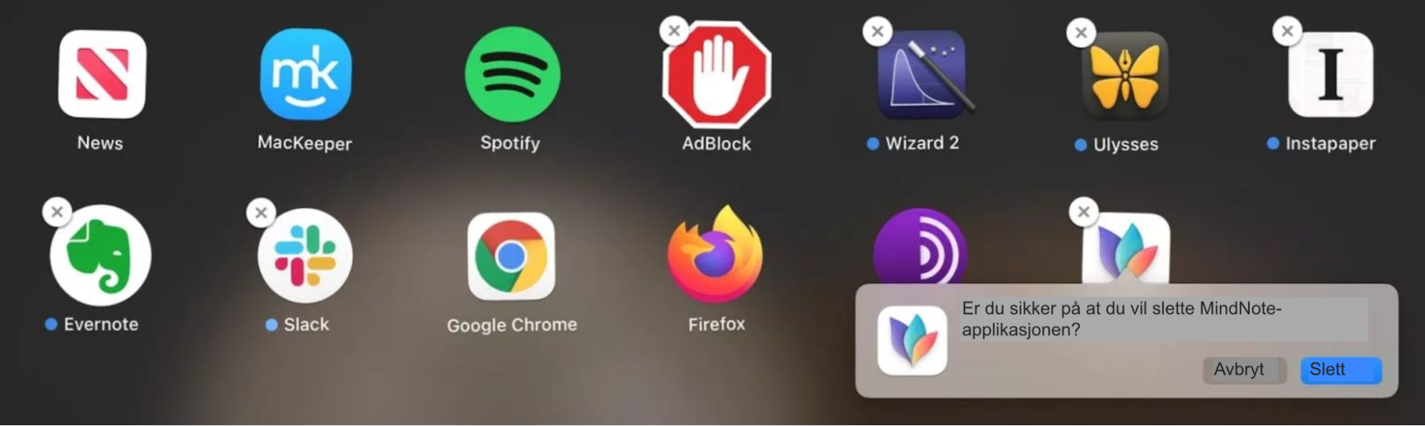 Et popup-vindu i det åpnede Launchpad-vinduet for å avinstallere apper.