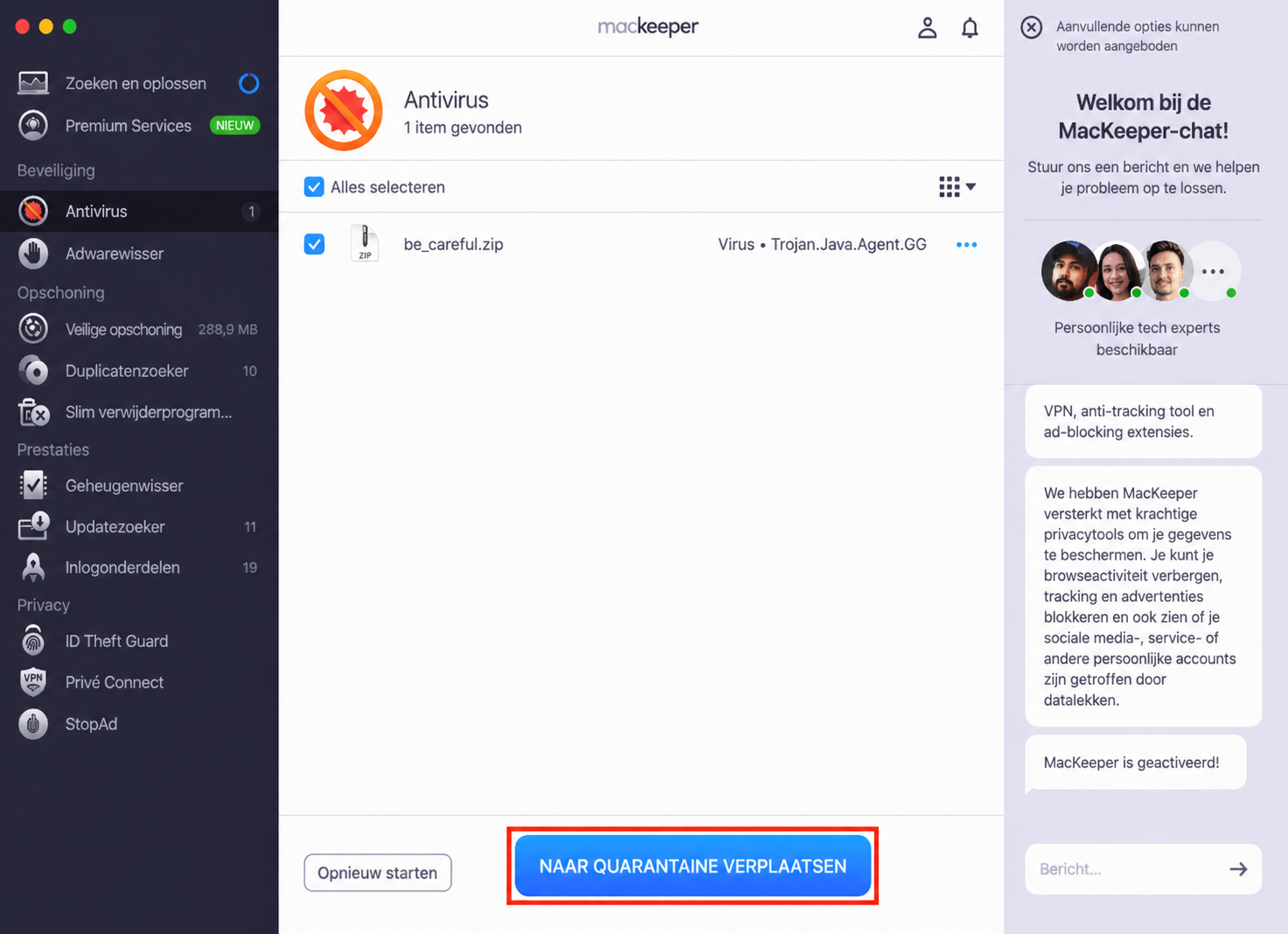 De Antivirus-tool in MacKeeper voor Mac. Als er malware op je machine wordt gevonden, klik op Verplaatsen naar quarantaine.