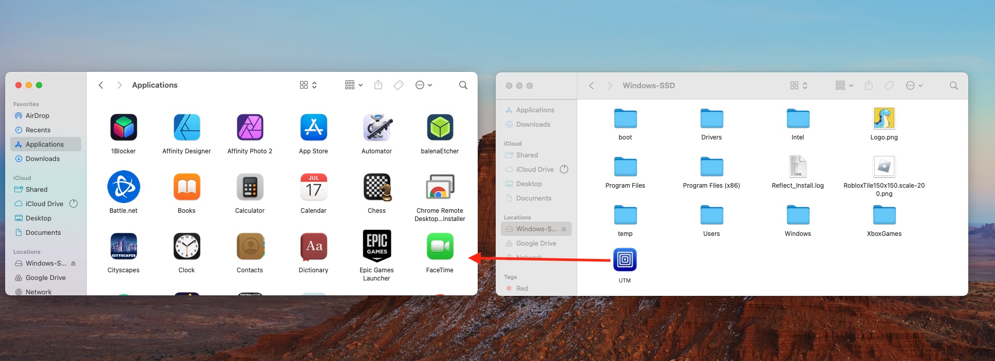 Finder op Mac met de map Apps naast een map van een externe schijf. Sleep apps van de externe schijf naar de map Apps om ze over te zetten naar een nieuwe Mac zonder Migratie-assistent te gebruiken.