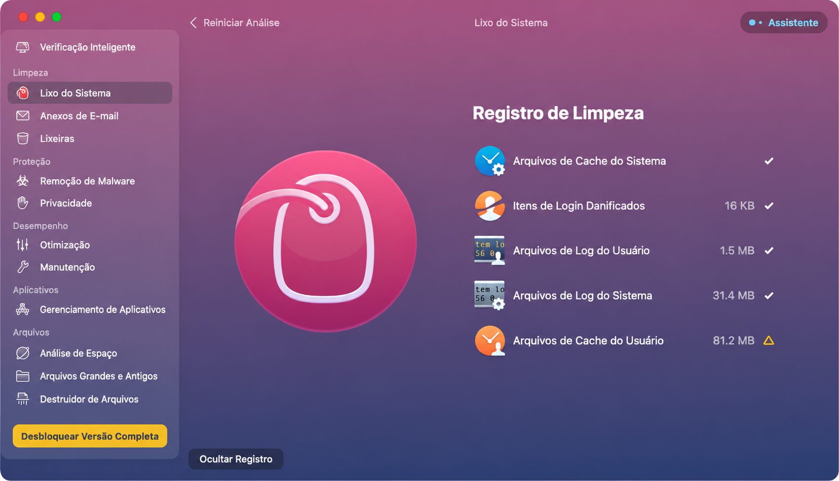 O Registro de Limpeza do CleanMyMac está aberto para mostrar ao usuário as últimas operações de limpeza realizadas e o espaço em disco liberado como resultado.