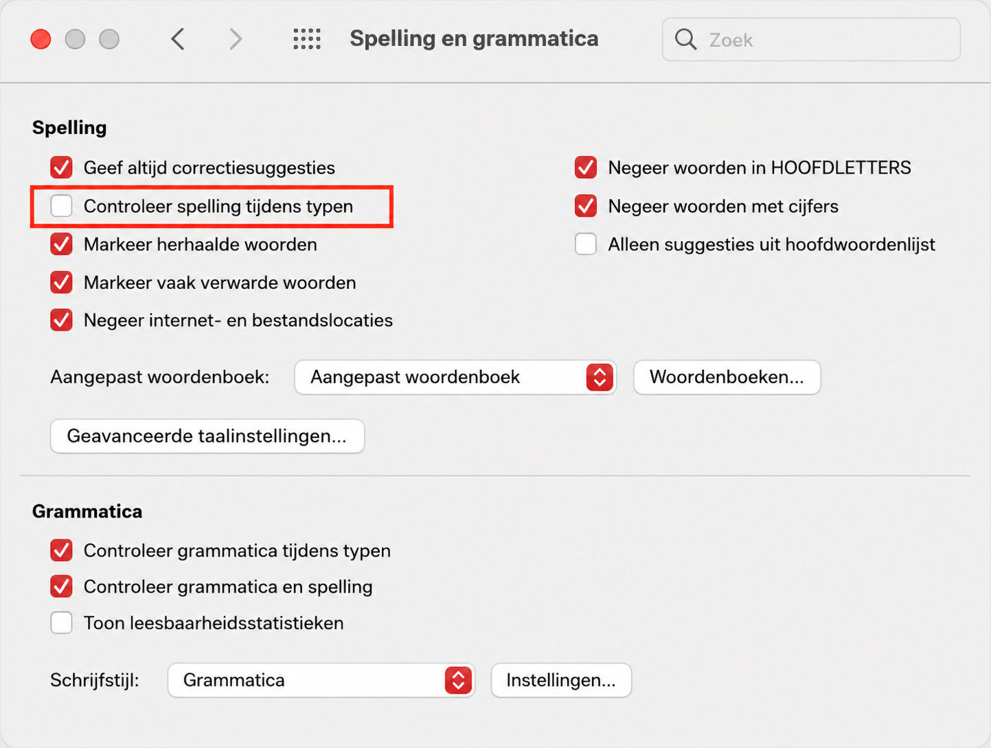 Zorg er in het gedeelte Spelling en grammatica van Microsoft Word, onder het gedeelte 'Spelling', voor dat 'Spelling controleren tijdens typen' is uitgeschakeld.