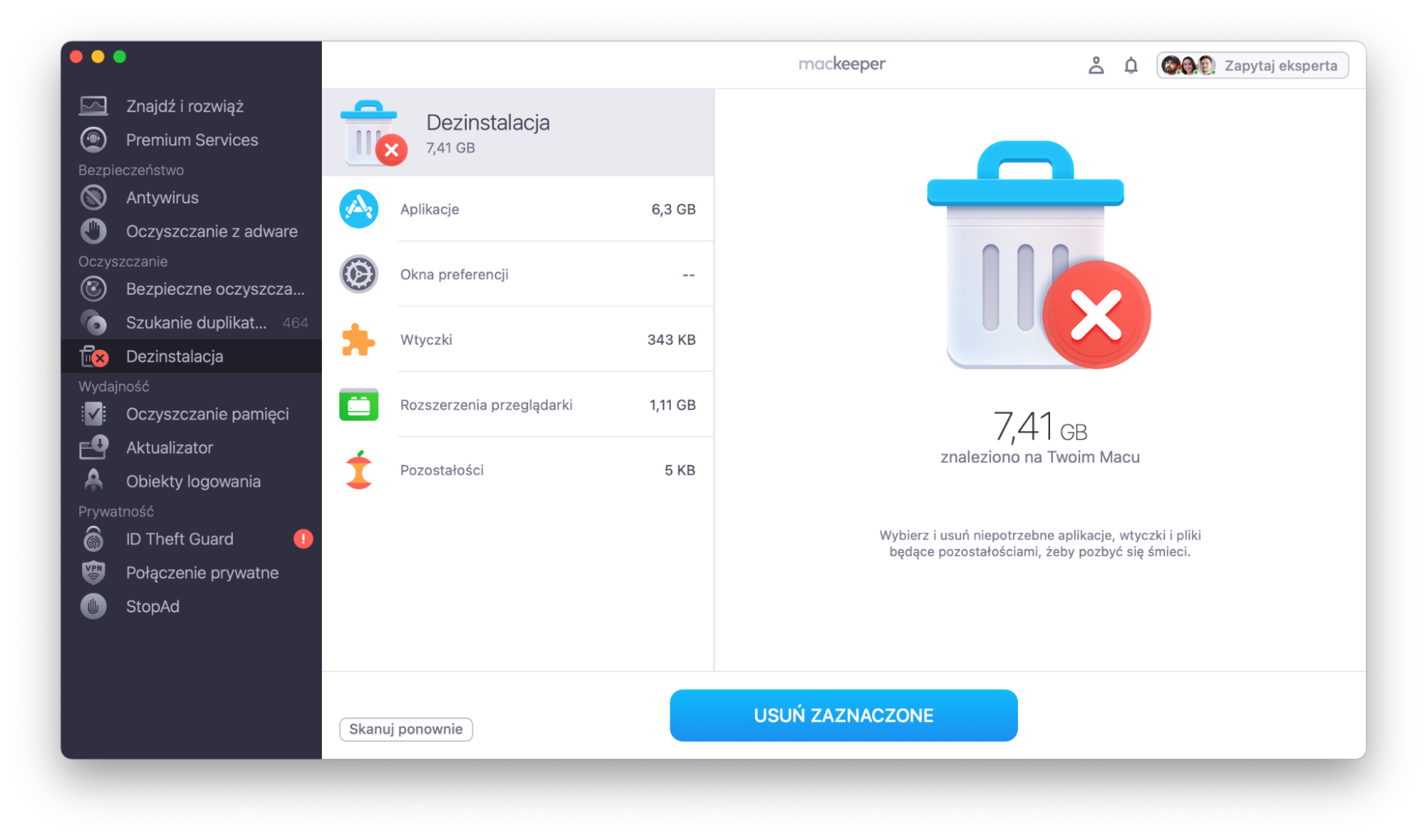 Gdy MacKeeper przeskanuje urządzenie, pokaże wszystkie aplikacje, wtyczki, rozszerzenia przeglądarki i pozostałe pliki, które możesz bezpiecznie usunąć z urządzenia, aby zwolnić miejsce w pamięci. Zaznacz to, co chcesz usunąć, a następnie kliknij Usuń zaznaczone.