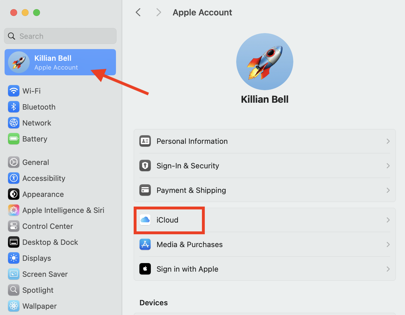 The Apple Account window in System Settings on Mac. You can go into the iCloud section to toggle iCloud Keychain which should fix your Mac Keychain password not working.